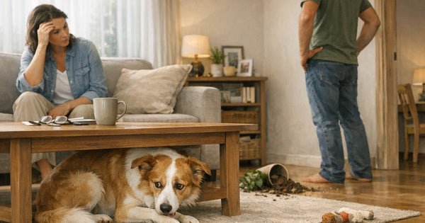 Illustration of a calm, everyday home scene on the theme of dog anxiety symptoms.