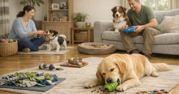 Illustration of a calm, everyday home scene on the theme of dog enrichment activities and games at home.