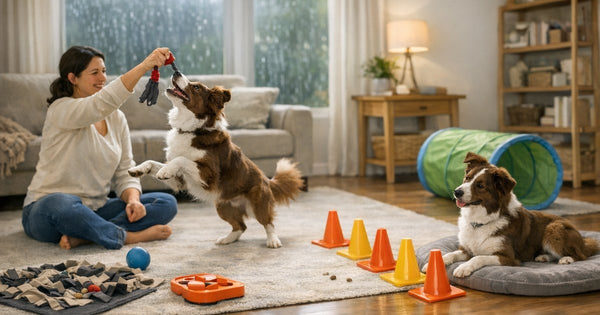Illustration of a calm, everyday home scene on the theme of indoor activities for dogs.