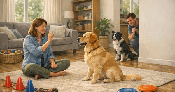 Illustration of a calm, everyday home scene on the theme of training games for dogs at home.