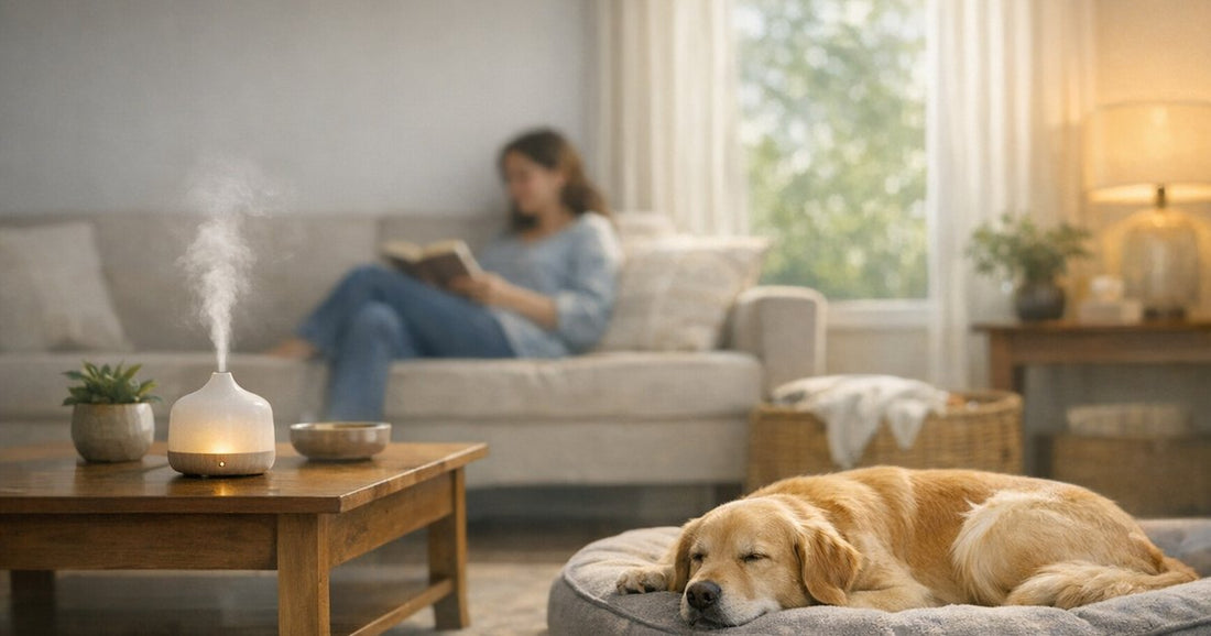 Illustration of a calm, everyday home scene on the theme of calm dog diffuser.