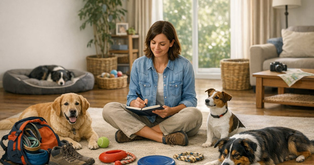 Illustration of a calm, everyday home scene on the theme of the complete guide to dog activities.