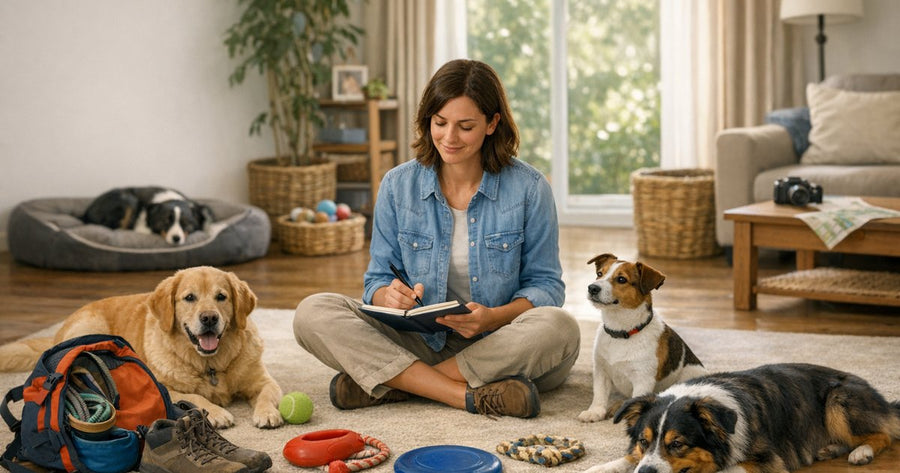 Illustration of a calm, everyday home scene on the theme of the complete guide to dog activities.