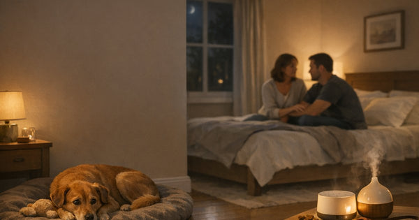 Illustration of a calm, everyday home scene on the theme of dog anxiety at night.
