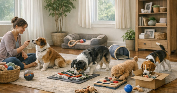 Illustration of a calm, everyday home scene on the theme of the complete guide to dog enrichment.