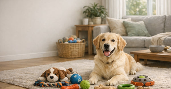 Illustration of a calm, everyday home scene on the theme of dog pet toys.
