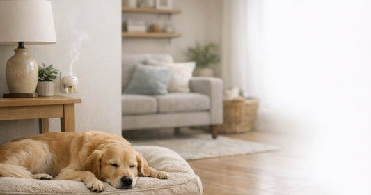 Illustration of a calm, everyday home scene on the theme of dog pheromone diffuser.