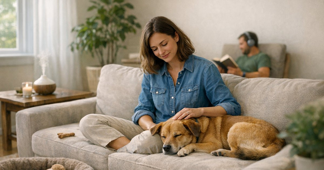 Illustration of a calm, everyday home scene on the theme of how to calm an anxious dog at home.