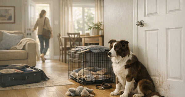 Illustration of a calm, everyday home scene on the theme of separation anxiety in dogs.