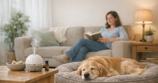 Illustration of a calm, everyday home scene on the theme of therapet dog diffuser.